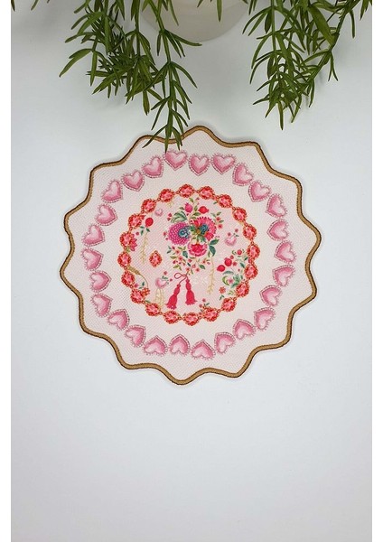 Love Bloom Kalpli Renkli Çiçekli Pembe Nakış Kenar Kokteyl Peçetesi 1 Adet