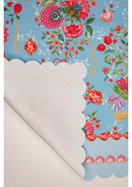 Love Bloom Kalpli Renkli Çiçekli Mavi Lazer Kesim Fırın Örtüsü modelleri