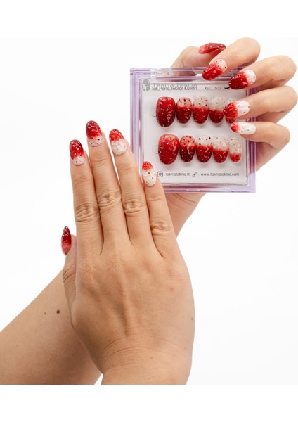 10'lu Kırmızı Kısa Oval TT1260 Tekrar Kullanılabilir El Yapımı Protez Takma Tırnak - Kırmızı-L