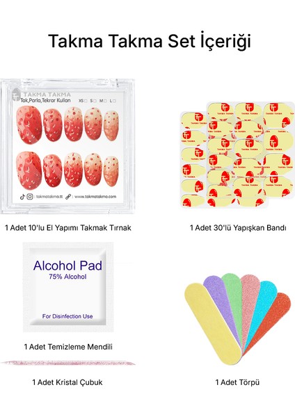 10'lu Kırmızı Kısa Oval TT1260 Tekrar Kullanılabilir El Yapımı Protez Takma Tırnak - Kırmızı-L