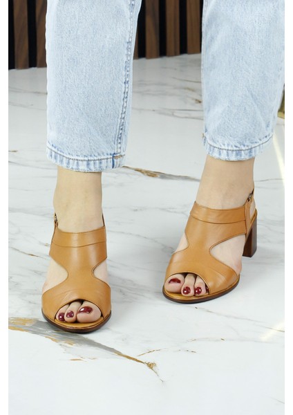 Kanne Taba Hakiki Dana Derisi Cırt Bantlı Kalın Topuklu Rahat Günlük Sandalet modelleri