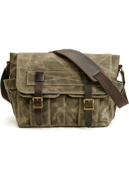 Yeşil Retro Kanvas Postacı Çanta, Mumlu ve Su Geçirmez, Çok Renkli Tasarım