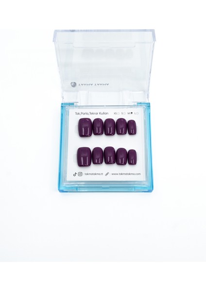 10'lu Mor Kısa Kare TT1233 Tekrar Kullanılabilir El Yapımı Protez Takma Tırnak - Mor-M