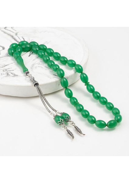 Yeşil Arpa Taneli Gümüş Imameli Kehribar Tesbih