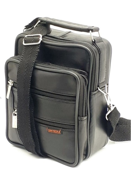 Şık Siyah Gerçek Kuzu Derisi Erkek El ve Omuz Çantası