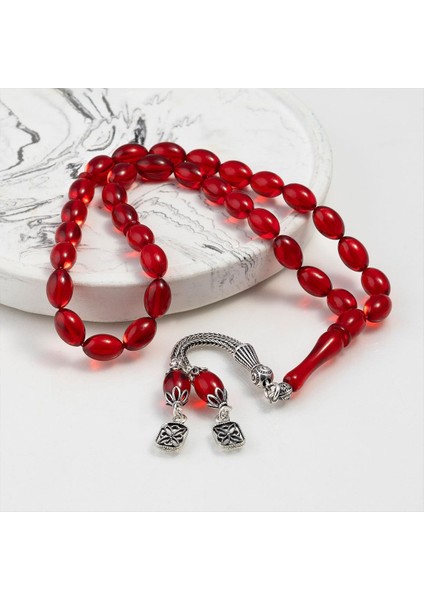 Gümüş Püsküllü Ateş Kehribar Tesbih Kırmızı Taşlı