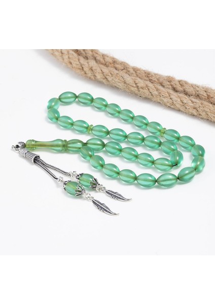 Yeşil Beyzi Taneli Gümüş Imameli Sıkma Kehribar Tesbih