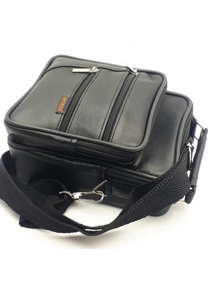 Şık Siyah Gerçek Kuzu Derisi Erkek El ve Omuz Çantası