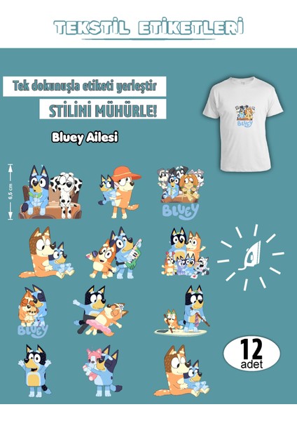 Ütü ile Yapışan Kıyafet Etiketi Bluey Ailesi 12LI Set