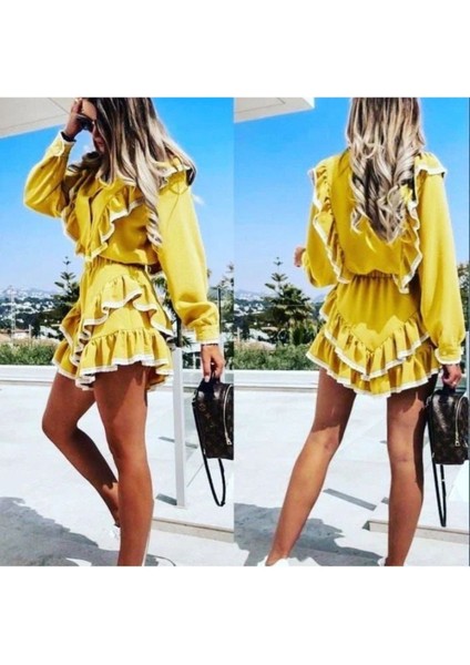 Sarı Fırfırlı Fisto Şort Gömlek Takımı