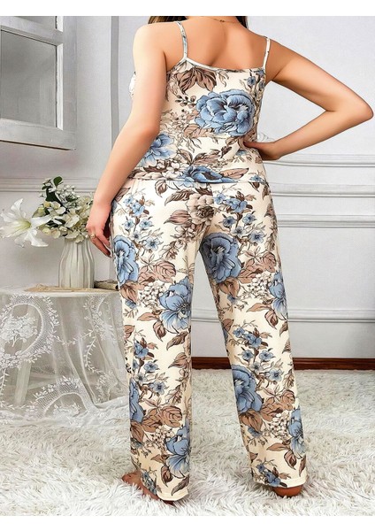 Büyük Beden Mavi Çiçek Desenli Ince Askılı 2'li Saten Pijama fiyatları