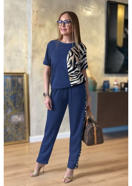 Mç Plus Kadın Kısa Kollu Bisiklet Yaka Zebra Desen Bluz ve Pantolon Ikili Takım