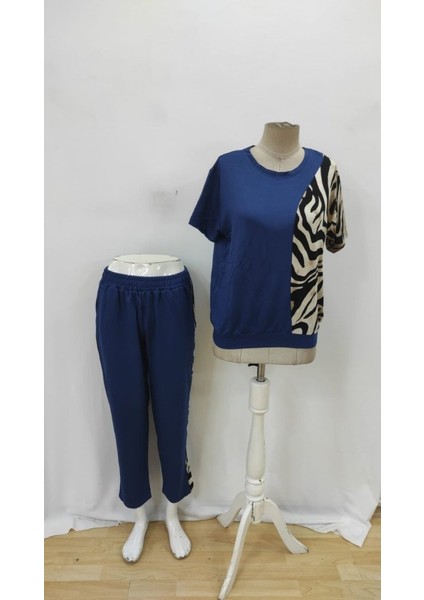 Mç Plus Kadın Kısa Kollu Bisiklet Yaka Zebra Desen Bluz ve Pantolon Ikili Takım fırsatları