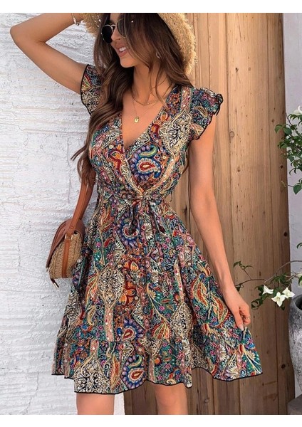 Kadın Kısa Kelebek Kollu Kruvaze Yakalı Süprem Elbise fiyatları