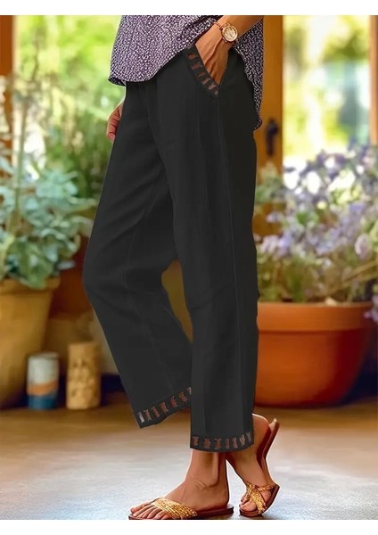 Kadın Beli Lastikli Bağcıklı Cep ve Pantolon Ucu Güpür Detaylı Pantolon