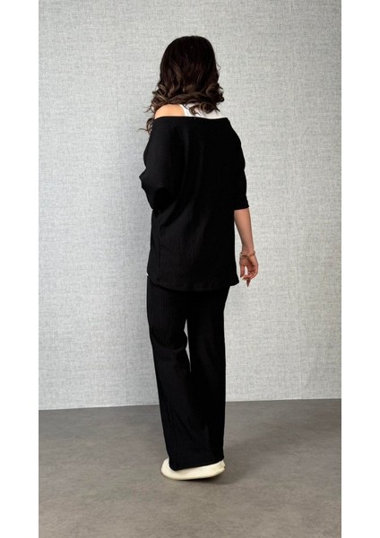 Kadın Kısa Kollu Omuzlardan Açık Yarasa Kollu Bürümcük Bluz ve Pantolon ve Viskon Atlet fırsatları