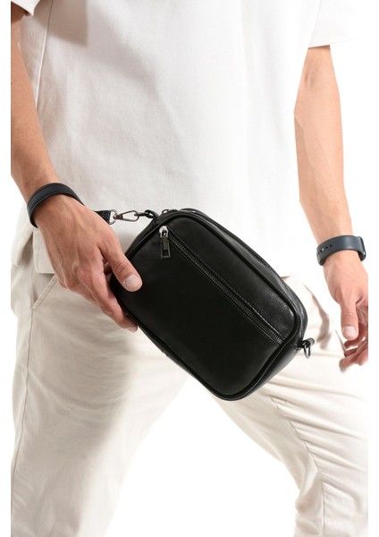 Siyah Erkek Deri El ve Omuz Çantası, Ayarlanabilir Askılı, Çok Işlevli