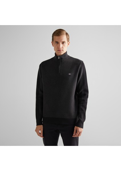 Erkek Siyah Relaxed Fit Yarım Fermuarlı Kazak