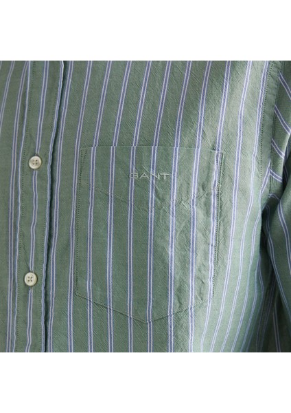 Erkek Yeşil Regular Fit Düğmeli Yaka Çizgili Oxford Gömlek