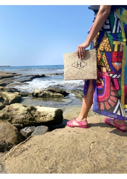 H Harfli Jüt Clutch Çanta, Şık ve Kullanışlı, Doğa Dostu Tasarım.