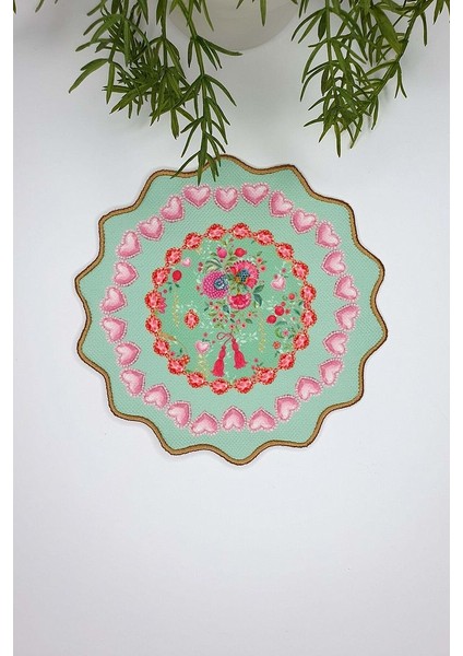 Love Bloom Kalpli Renkli Çiçekli Yeşil Nakış Kenar Kokteyl Peçetesi 1 Adet