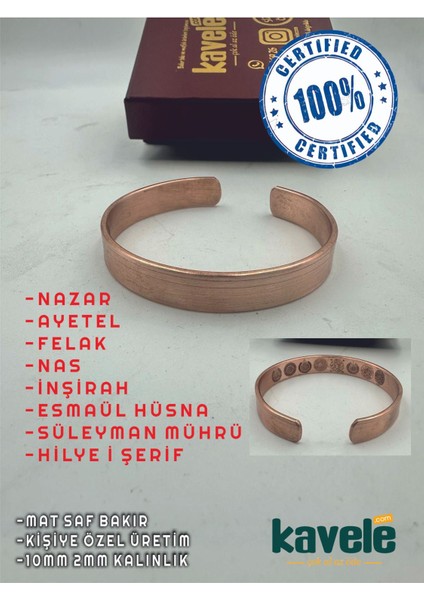 Parlak Bakır Bileklik, Nazar, Ayetler, Esmaül Hüsna, Şerit ve Semboller ile Şık Tasarım