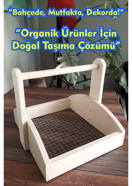 Doğal Ahşap Tel Sepet 38X34X32 cm | Yumurta Sepeti, Meyve Sepeti, Sebze Sepeti, Tarla ve Bahçe Hasat Sepeti