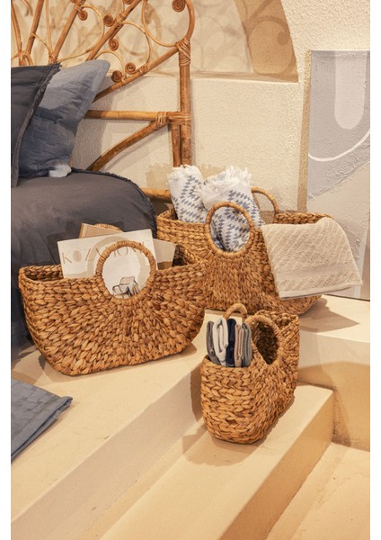 Bej Su Sümbülü Hasır Çanta Seti, Şık ve Hafif Tasarım, 3'lü Paket