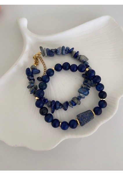 Iki Bileklik, Doğal Taş, Lacivert Lapis Lazuli, Altın Kaplama, Kadın Takısı
