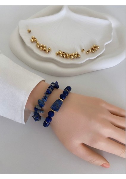 Iki Bileklik, Doğal Taş, Lacivert Lapis Lazuli, Altın Kaplama, Kadın Takısı fiyatları