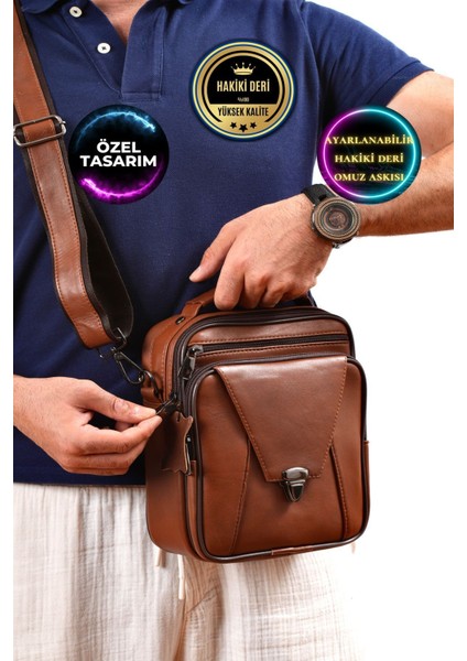 Hakiki Deri Kahverengi Erkek El ve Omuz Çantası, Şık ve Kullanışlı Tasarım