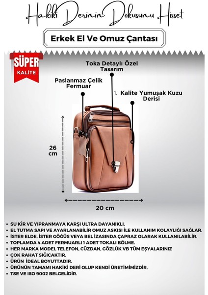 Hakiki Deri Kahverengi Erkek El ve Omuz Çantası, Şık ve Kullanışlı Tasarım