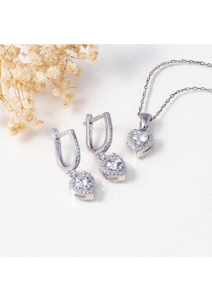 Rodyum Kaplama Kalp Gümüş Set