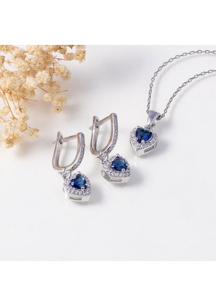 Safir Taşlı Kalpli Tek Taş Gümüş Set