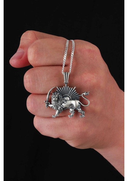 Aslan ve Güneş Motifli Gümüş Erkek Kolye