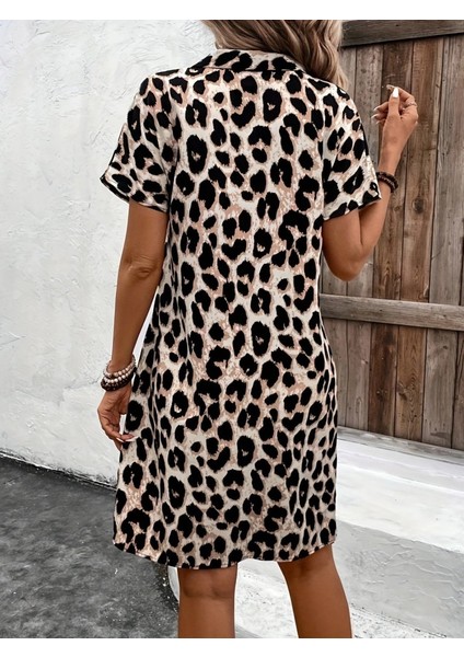 Kadın Kısa Kollu Yakalı Leopar Desenli Süprem Elbise modelleri