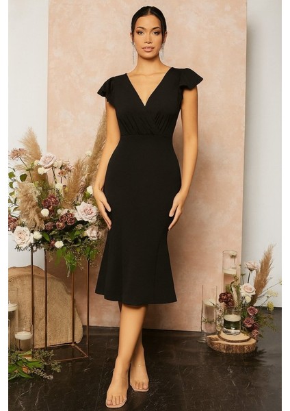 Kadın Kısa Kelebek Kollu Kruvaze Yaka Ithal Krep Midi Elbise fırsatları