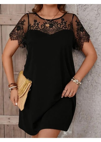 Kadın Kısa Kollu Dantel Bisiklet Yaka ve Kol Dantel Detaylı Janjan Krep Elbise