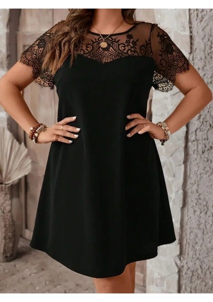 Kadın Kısa Kollu Dantel Bisiklet Yaka ve Kol Dantel Detaylı Janjan Krep Elbise fırsatları