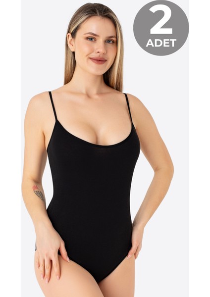 Kadın Siyah İp Askılı Çıtçıtlı Atlet Body Zıbın Pamuklu Likralı 2'li Paket
