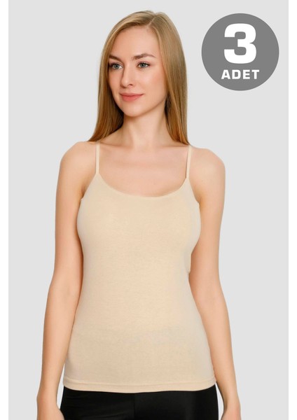 Kadın Pamuklu Likralı İp Askılı Atlet Ten Rengi 3'lü Paket Esnek Rahat Kumaş