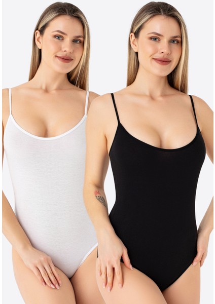 Kadın ip Askılı Çıtçıtlı Atlet Body Zıbın Pamuklu Likralı Beyaz Siyah 2'li Paket