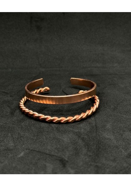 El Işçiliği Saf Bakır Bileklik, Burgu ve Düz Desenli, Şık ve Zarif Takı
