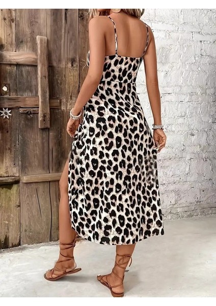 Aknbutik Kadın Askılı Yakadan Bağcıklı Yırtmaçlı Leopar Desenli Midi Süprem Elbise modelleri