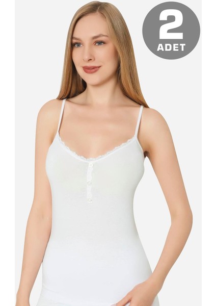 İp Askılı Beyaz Kadın Düğmeli Atlet 2'li Paket Pamuklu Likralı