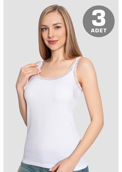 Kadın Dantelli Askılı Atlet Beyaz 3'lü Paket %100 Pamuklu Ribana Esnek