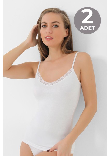 Kadın Bambu Beyaz V Yaka İp Askılı Dantelli Atlet 2'li Paket