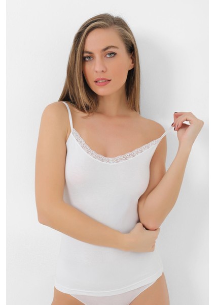 Kadın Bambu Beyaz V Yaka İp Askılı Dantelli Atlet 2'li Paket fiyatları