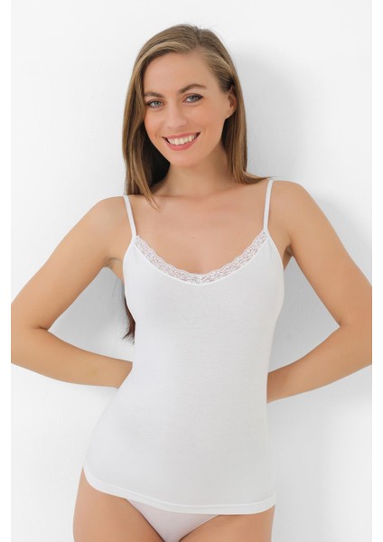 Kadın Bambu Beyaz V Yaka İp Askılı Dantelli Atlet 2'li Paket modelleri