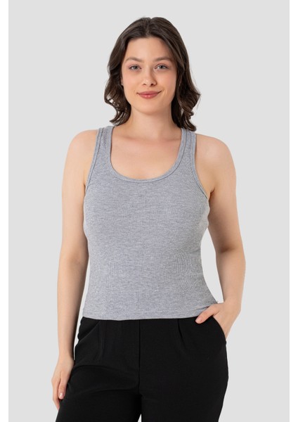 Kadın Fitilli Görünümlü Kalın Askılı Basic Gri Atlet indirimleri